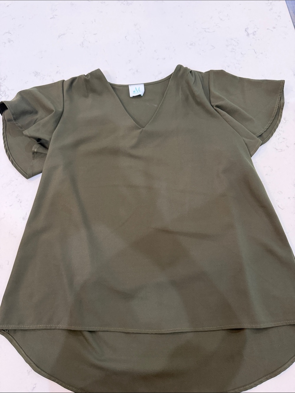V-Neck Flutter Sleeve Tunic Top in Olive Green